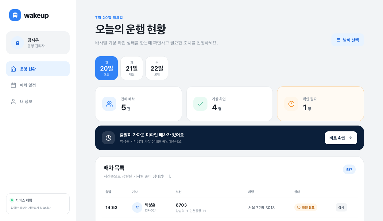 관리자가 기사별 기상 확인과 배차 준비 상태를 확인하는 Wakeup Web 화면